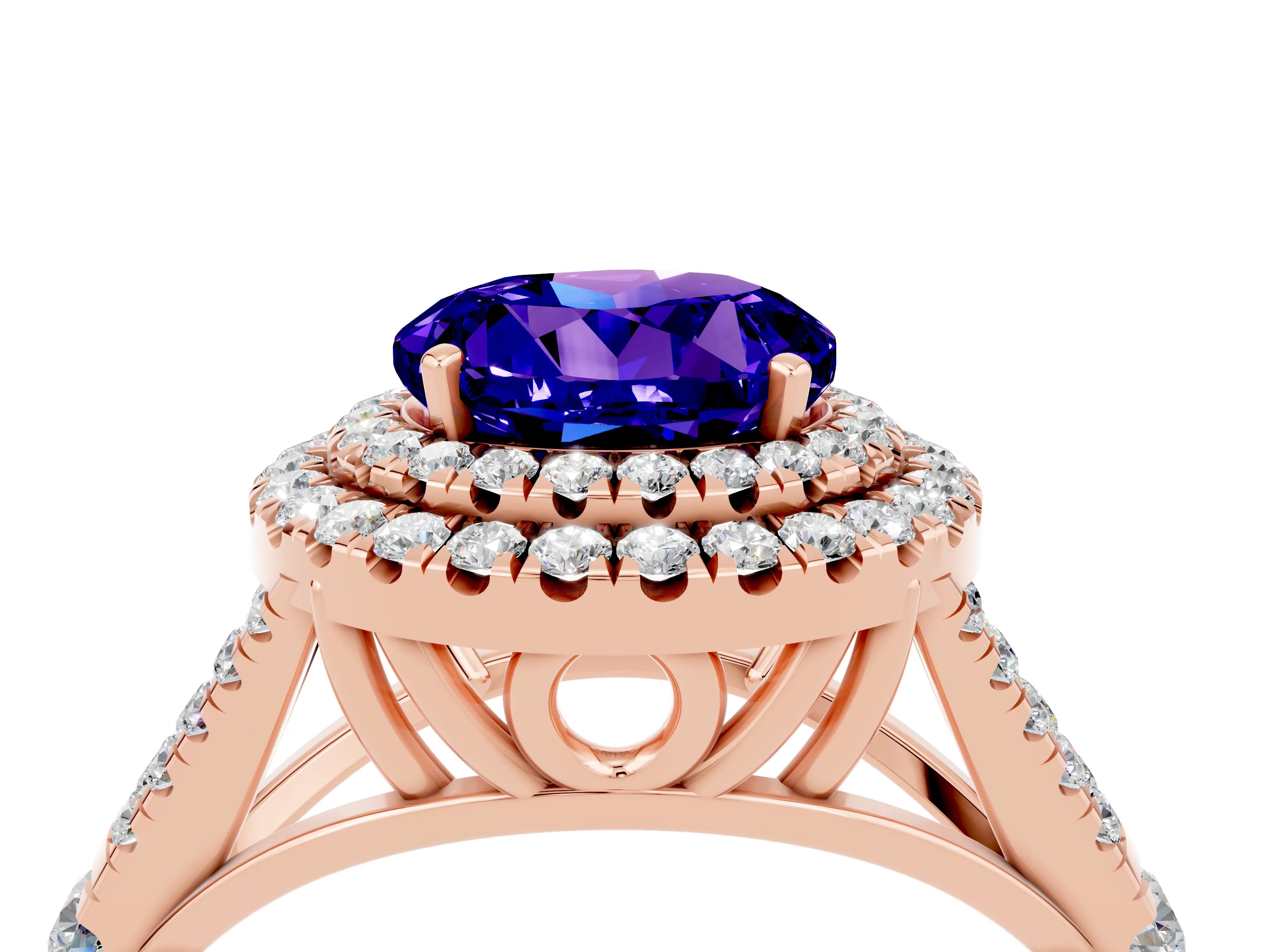 Rose gold Round Cut Tanzanite Double Halo Ring with Split Shank and Prong Setting_16