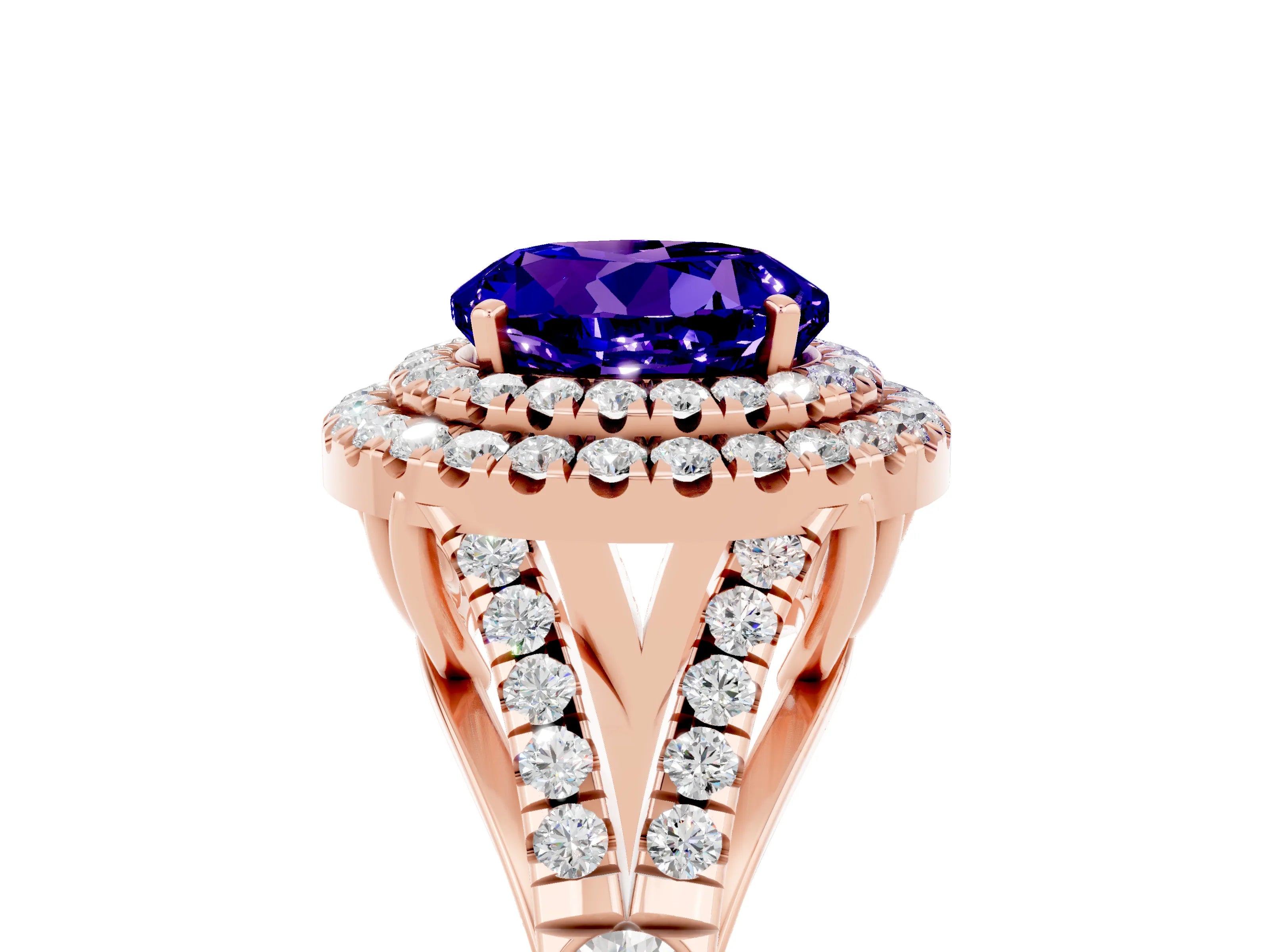 Rose gold Round Cut Tanzanite Double Halo Ring with Split Shank and Prong Setting_17