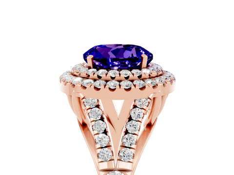 Rose gold Round Cut Tanzanite Double Halo Ring with Split Shank and Prong Setting_17