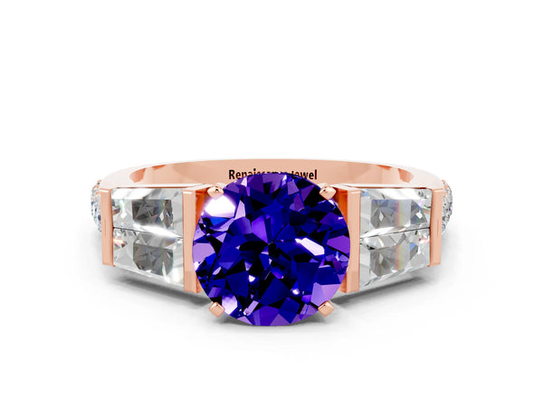 Rose gold Round Cut Tanzanite Engagement Ring with Baguette Side Stones and Channel Set Band
