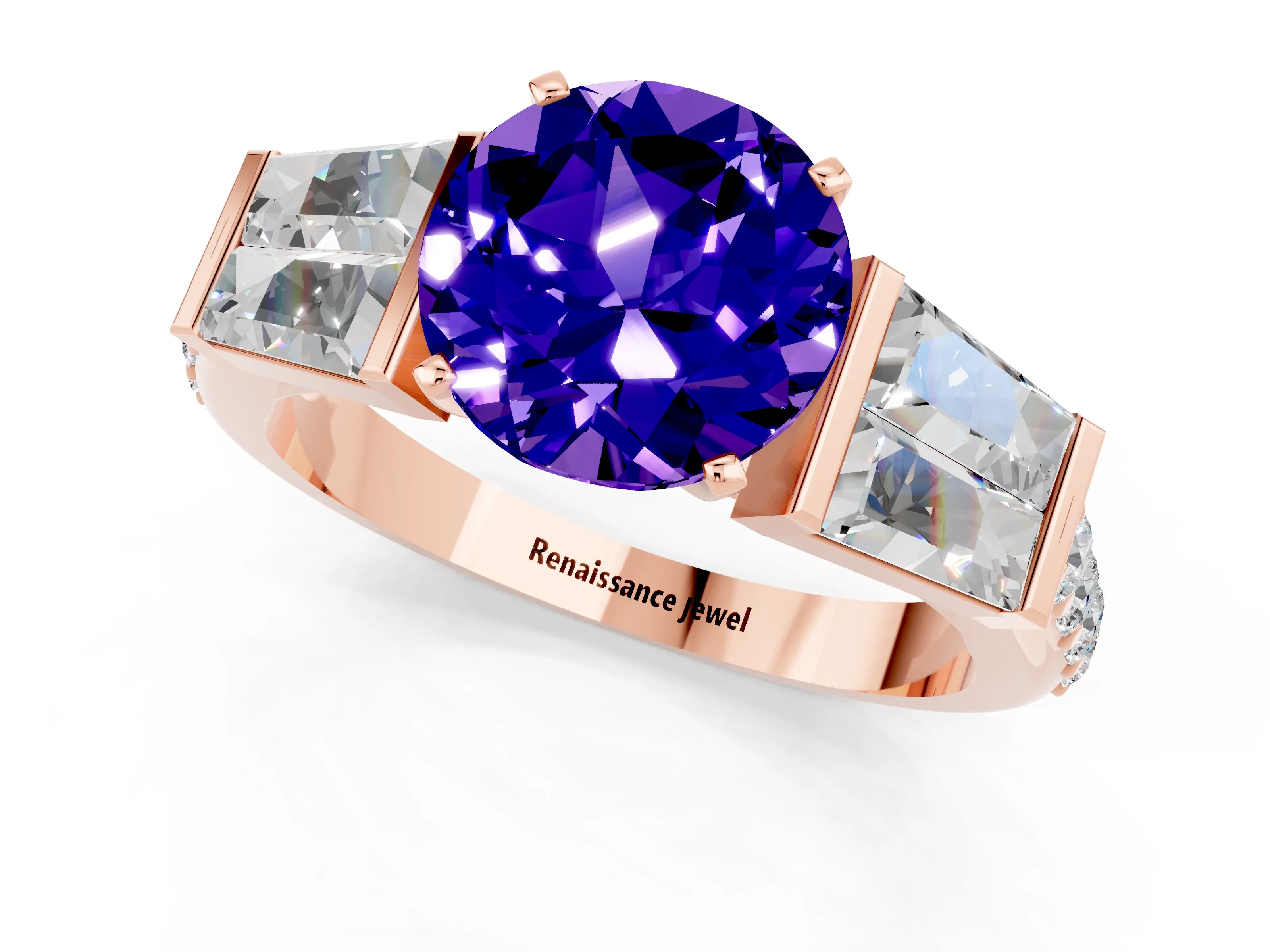 Rose gold Round Cut Tanzanite Engagement Ring with Baguette Side Stones and Channel Set Band_1