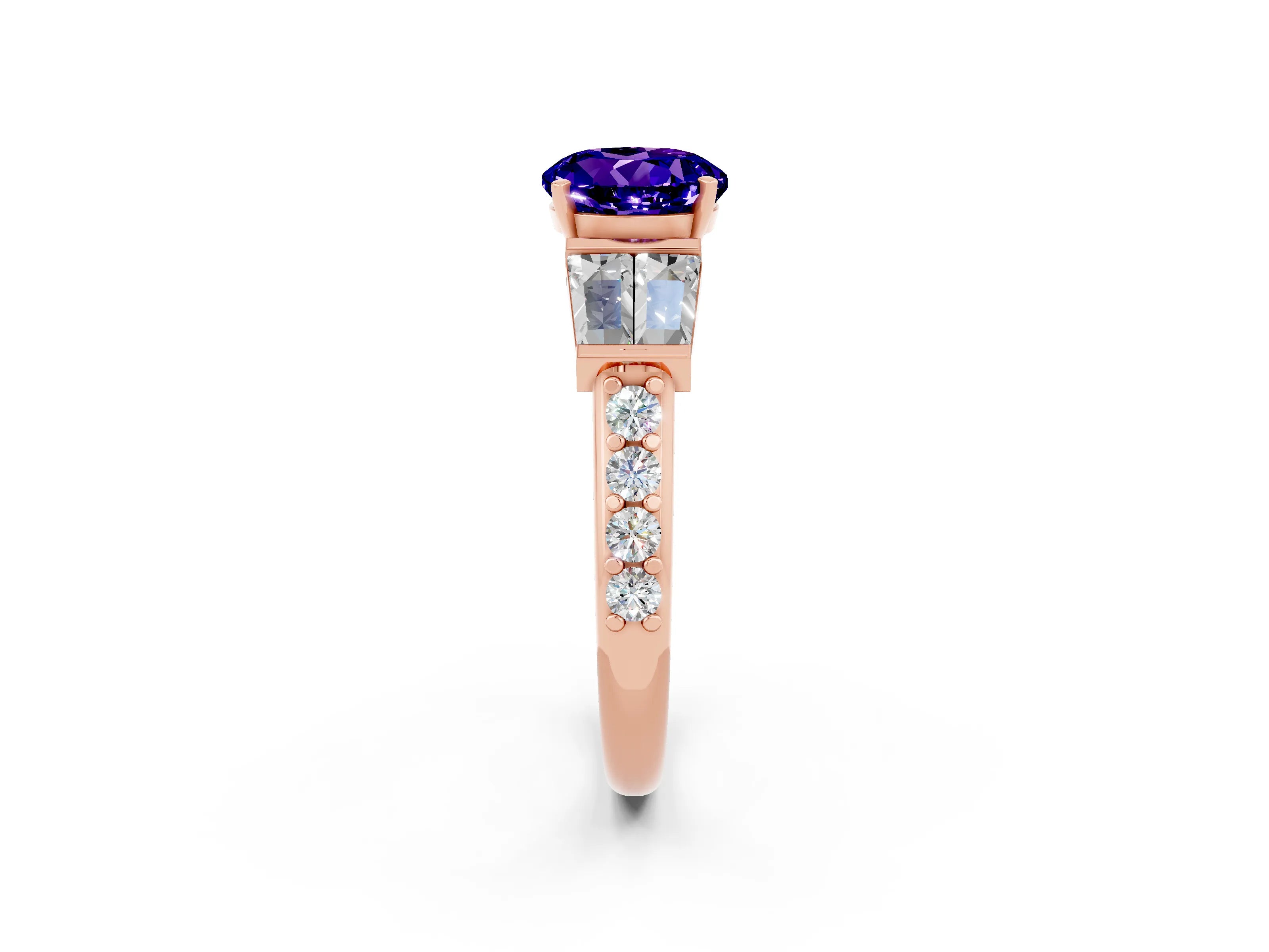 Rose gold Round Cut Tanzanite Engagement Ring with Baguette Side Stones and Channel Set Band_2