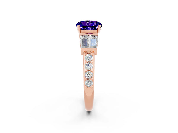 Rose gold Round Cut Tanzanite Engagement Ring with Baguette Side Stones and Channel Set Band