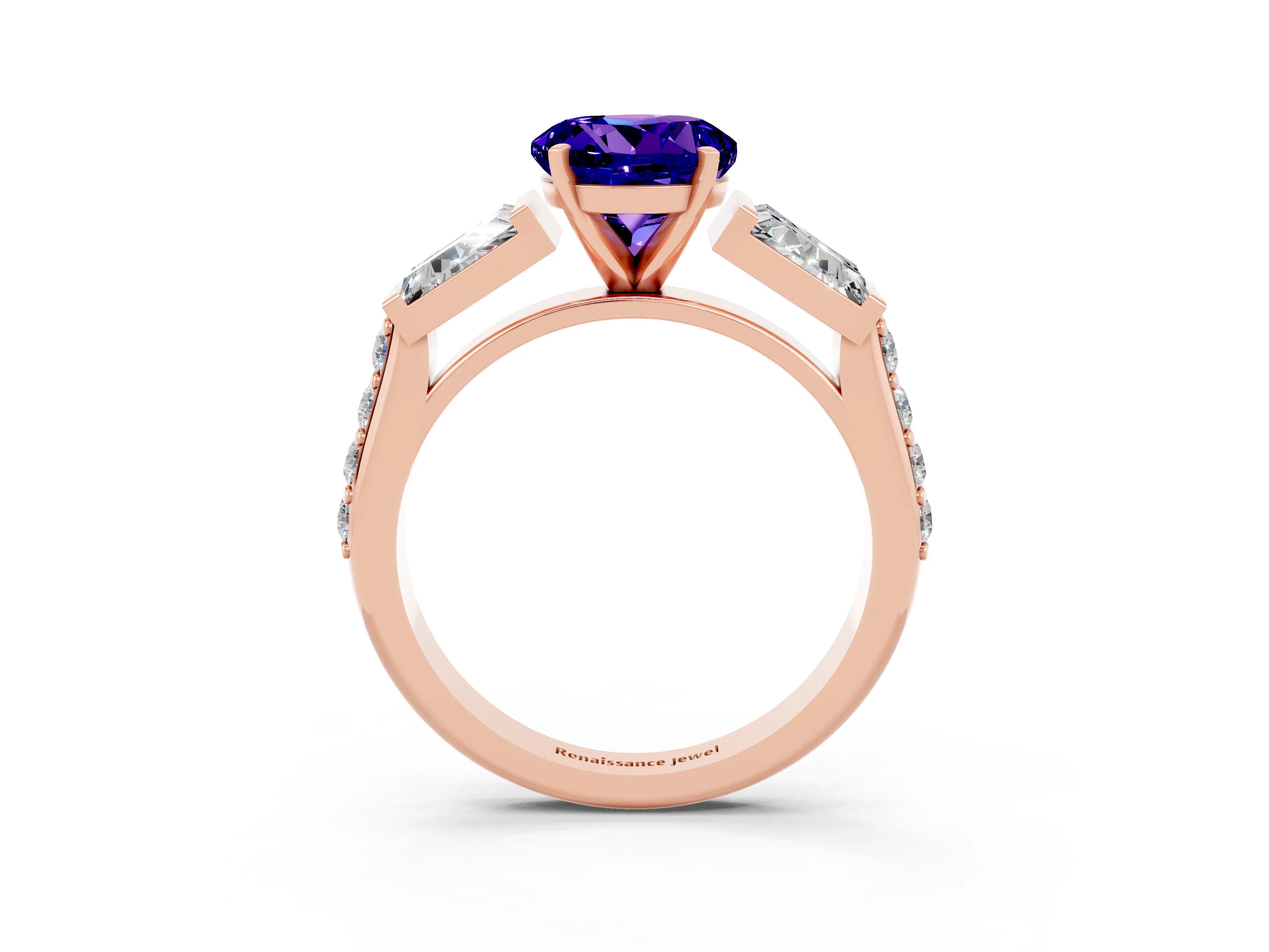 Rose gold Round Cut Tanzanite Engagement Ring with Baguette Side Stones and Channel Set Band_3