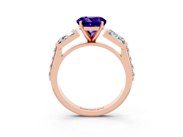 Rose gold Round Cut Tanzanite Engagement Ring with Baguette Side Stones and Channel Set Band