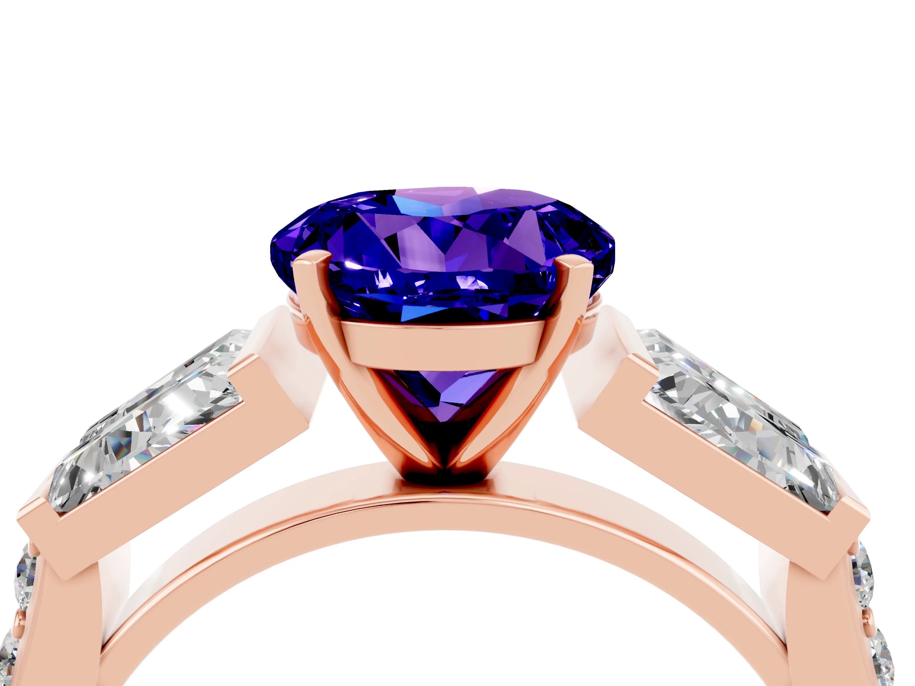 Rose gold Round Cut Tanzanite Engagement Ring with Baguette Side Stones and Channel Set Band_4