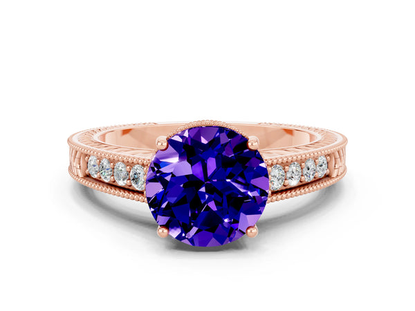 Rose gold Round Cut Tanzanite Engagement Ring with Milgrain Channel Set Band and Prong Setting