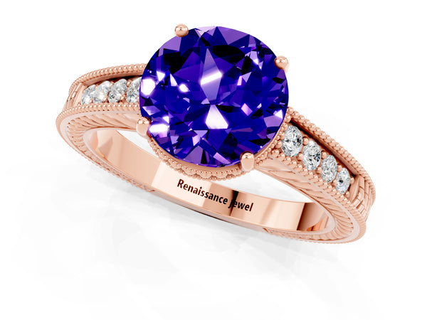 Rose gold Round Cut Tanzanite Engagement Ring with Milgrain Channel Set Band and Prong Setting