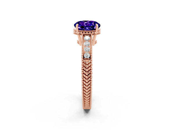 Rose gold Round Cut Tanzanite Engagement Ring with Milgrain Channel Set Band and Prong Setting