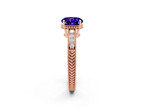 Rose gold Round Cut Tanzanite Engagement Ring with Milgrain Channel Set Band and Prong Setting_2