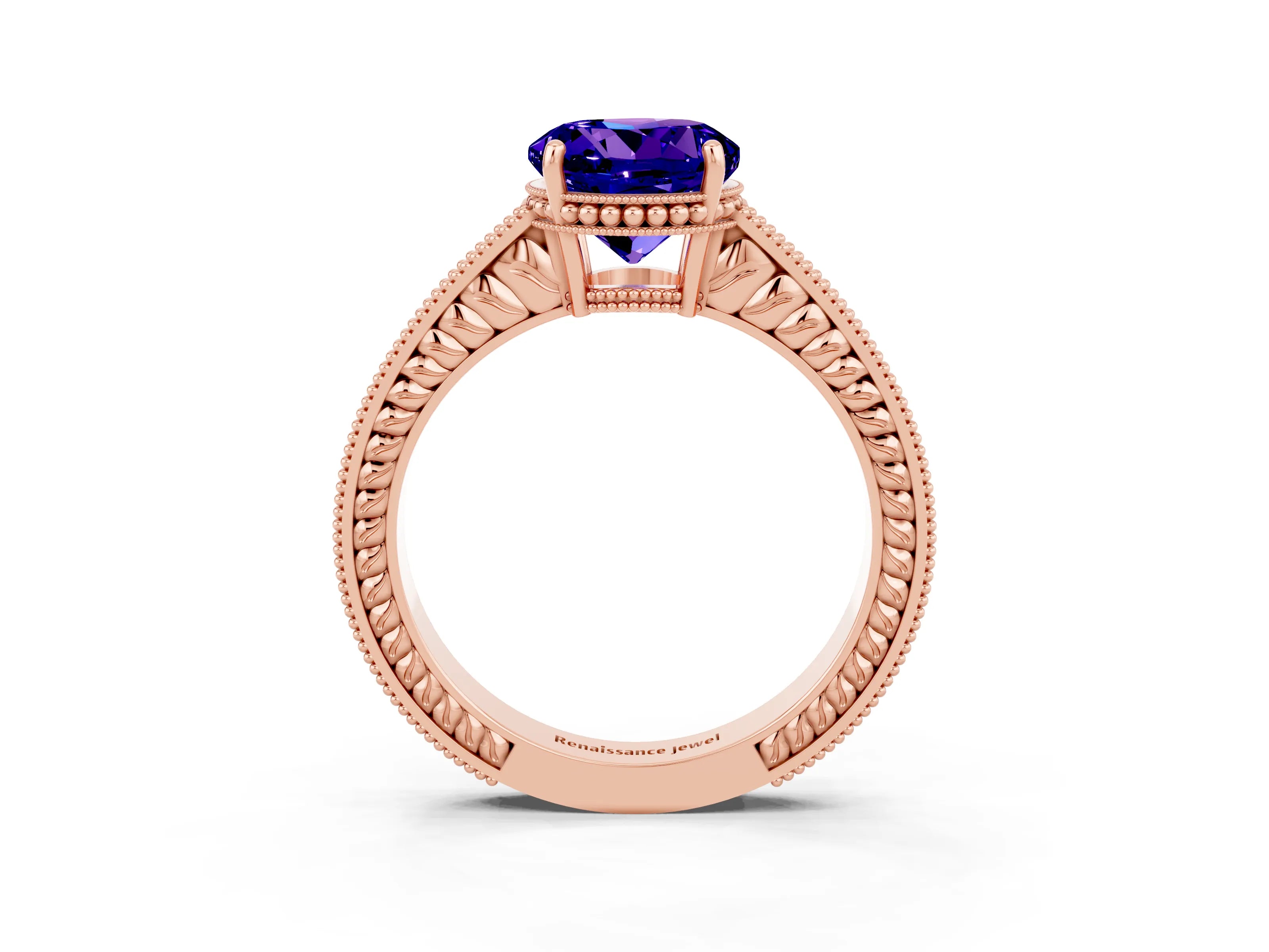 Rose gold Round Cut Tanzanite Engagement Ring with Milgrain Channel Set Band and Prong Setting_3