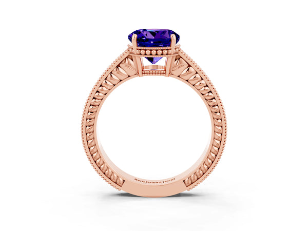 Rose gold Round Cut Tanzanite Engagement Ring with Milgrain Channel Set Band and Prong Setting