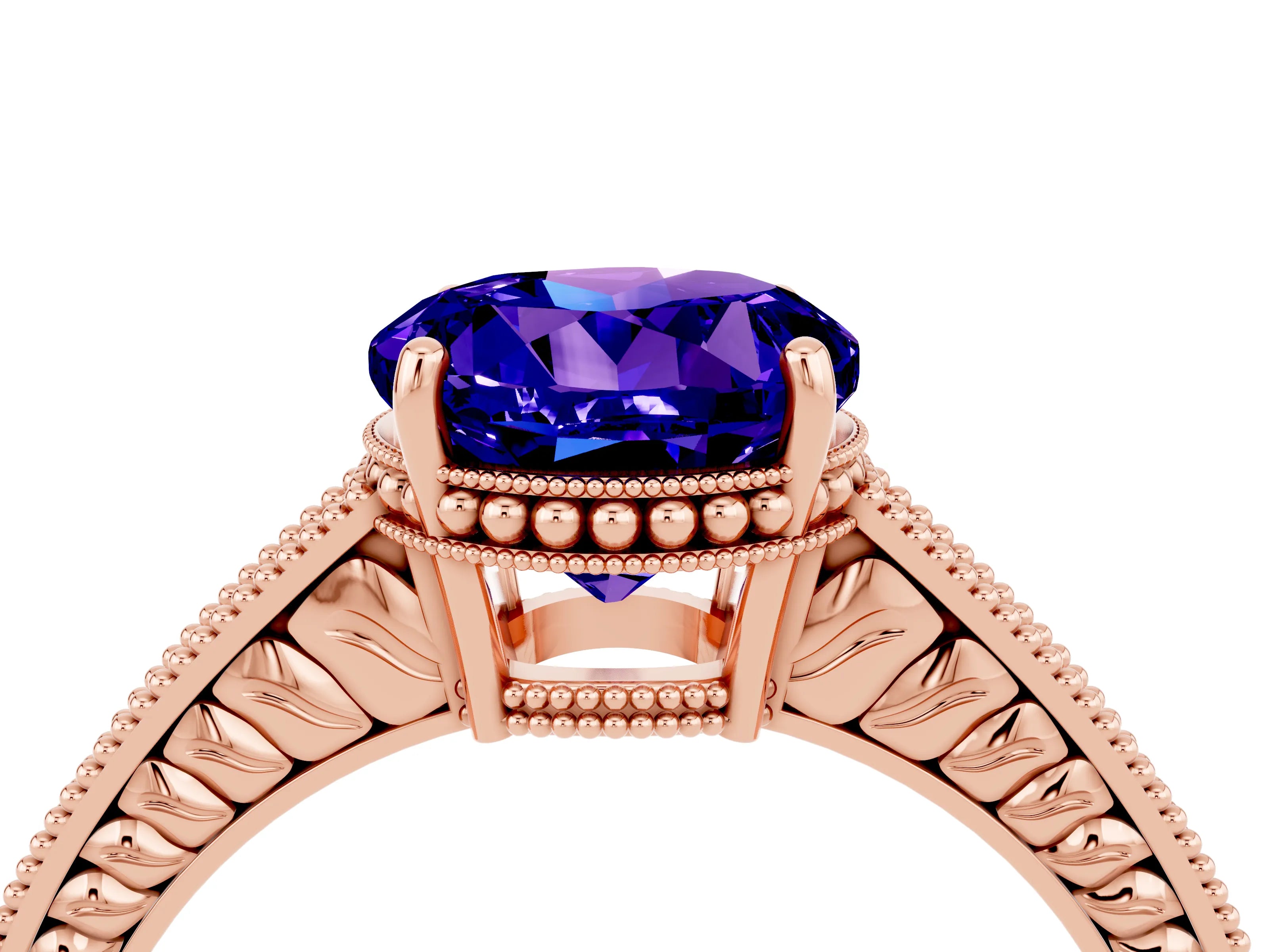 Rose gold Round Cut Tanzanite Engagement Ring with Milgrain Channel Set Band and Prong Setting_4