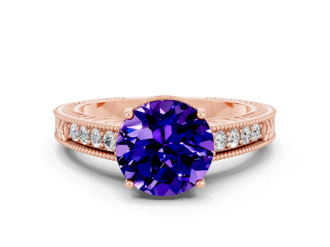 Rose gold Round Cut Tanzanite Engagement Ring with Milgrain Channel Set Band and Prong Setting