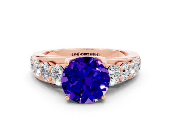 Rose gold Round Cut Tanzanite Engagement Ring with Pavé Band and Four-Prong Setting