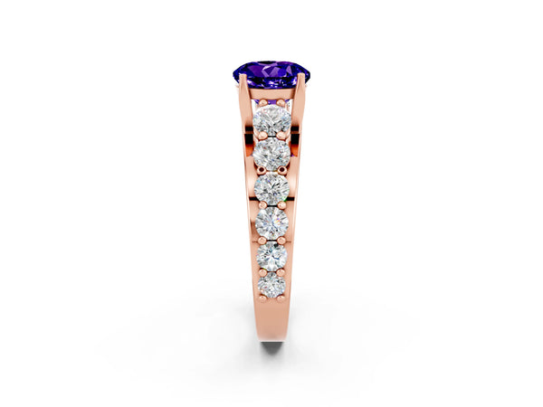 Rose gold Round Cut Tanzanite Engagement Ring with Pavé Band and Four-Prong Setting