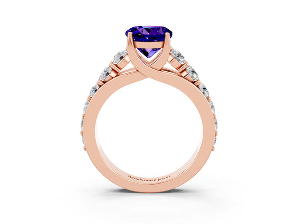 Rose gold Round Cut Tanzanite Engagement Ring with Pavé Band and Four-Prong Setting