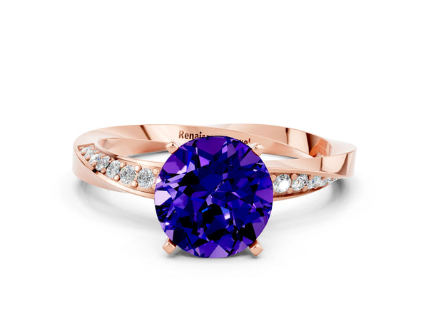 Rose gold Round Cut Tanzanite Engagement Ring with Side Stone Accents and Four-Prong Setting