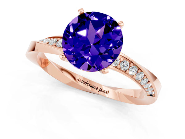 Rose gold Round Cut Tanzanite Engagement Ring with Side Stone Accents and Four-Prong Setting
