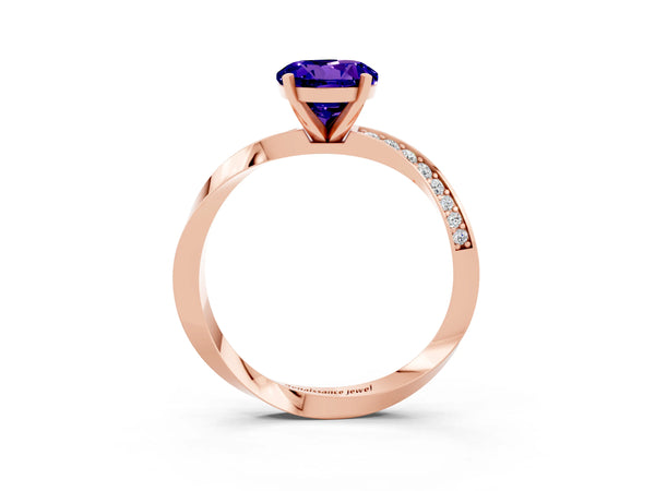 Rose gold Round Cut Tanzanite Engagement Ring with Side Stone Accents and Four-Prong Setting
