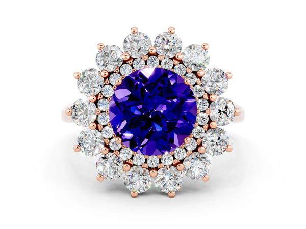 Rose gold Round Cut Tanzanite Floral Double Halo Engagement Ring with Prong Setting