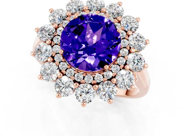 Rose gold Round Cut Tanzanite Floral Double Halo Engagement Ring with Prong Setting
