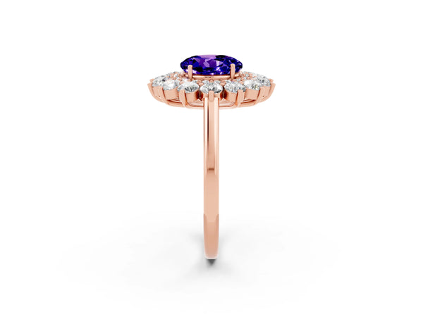 Rose gold Round Cut Tanzanite Floral Double Halo Engagement Ring with Prong Setting