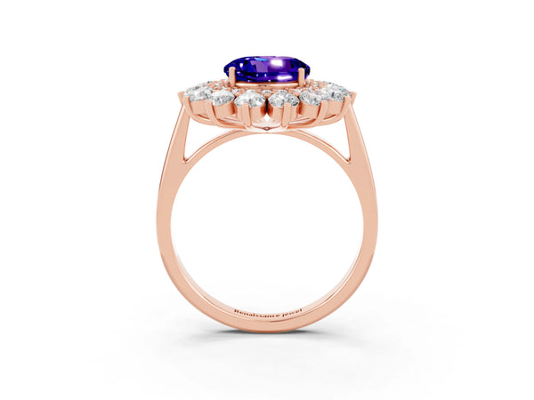 Rose gold Round Cut Tanzanite Floral Double Halo Engagement Ring with Prong Setting