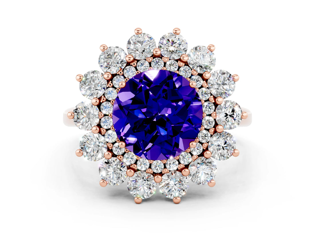 Rose gold Round Cut Tanzanite Floral Double Halo Engagement Ring with Prong Setting_60