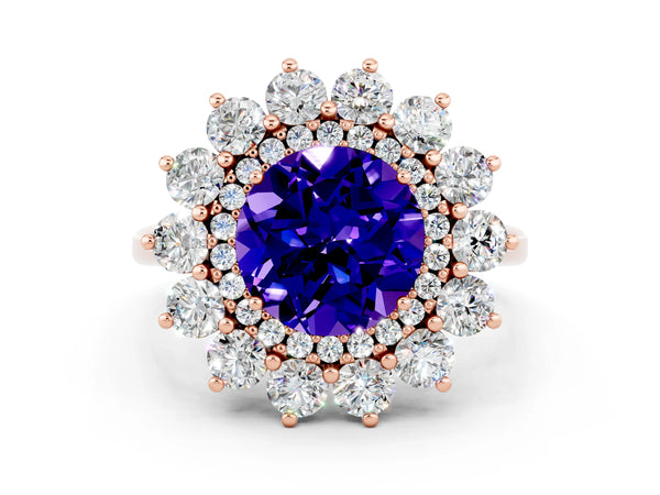 Rose gold Round Cut Tanzanite Floral Double Halo Engagement Ring with Prong Setting