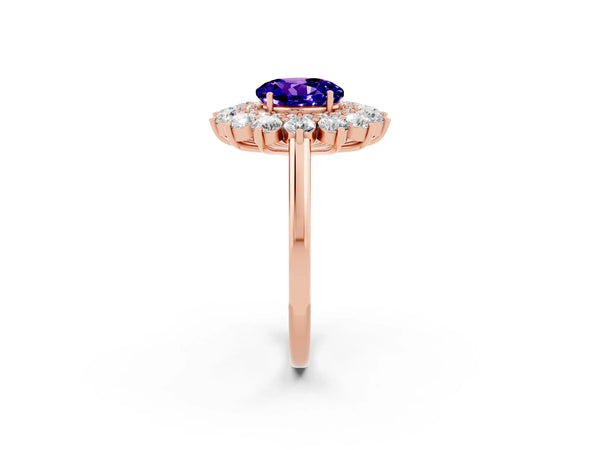 Rose gold Round Cut Tanzanite Floral Double Halo Engagement Ring with Prong Setting