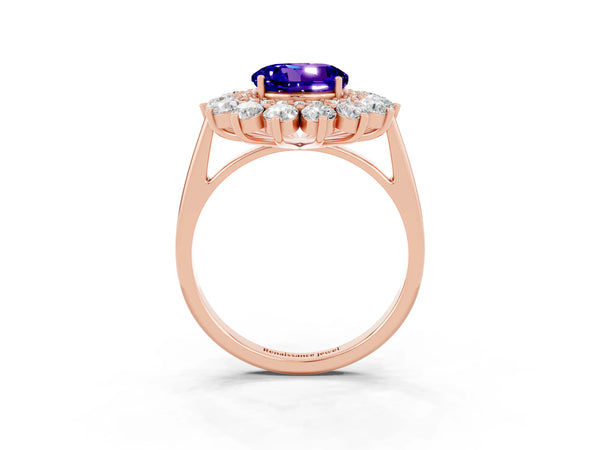 Rose gold Round Cut Tanzanite Floral Double Halo Engagement Ring with Prong Setting