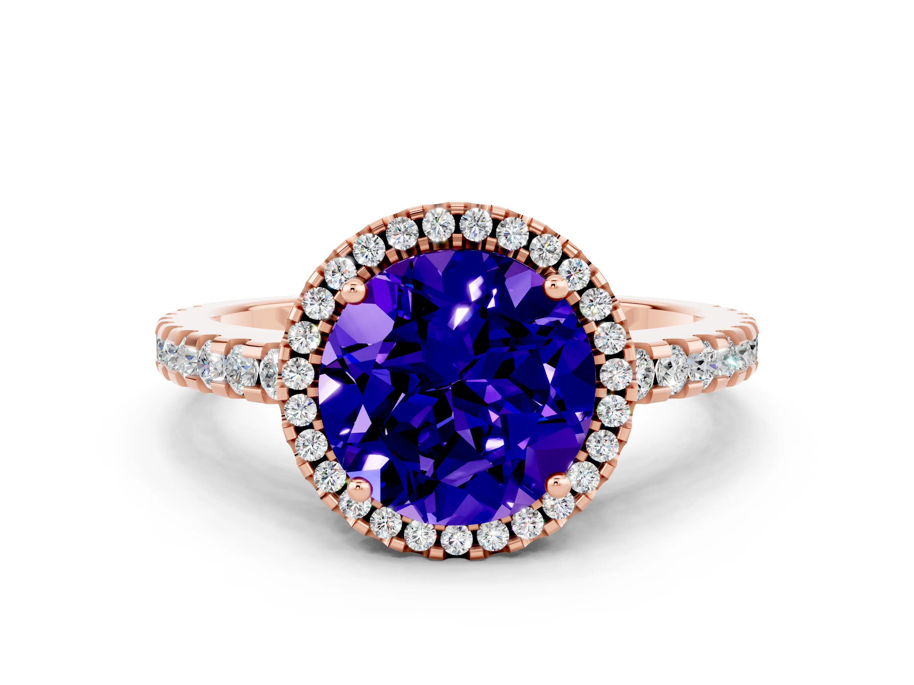 Rose gold Round Cut Tanzanite Halo Engagement Ring with Pavé Band and Prong Setting_12