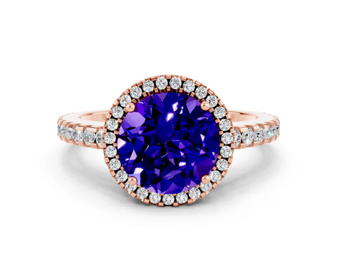 Rose gold Round Cut Tanzanite Halo Engagement Ring with Pavé Band and Prong Setting_12