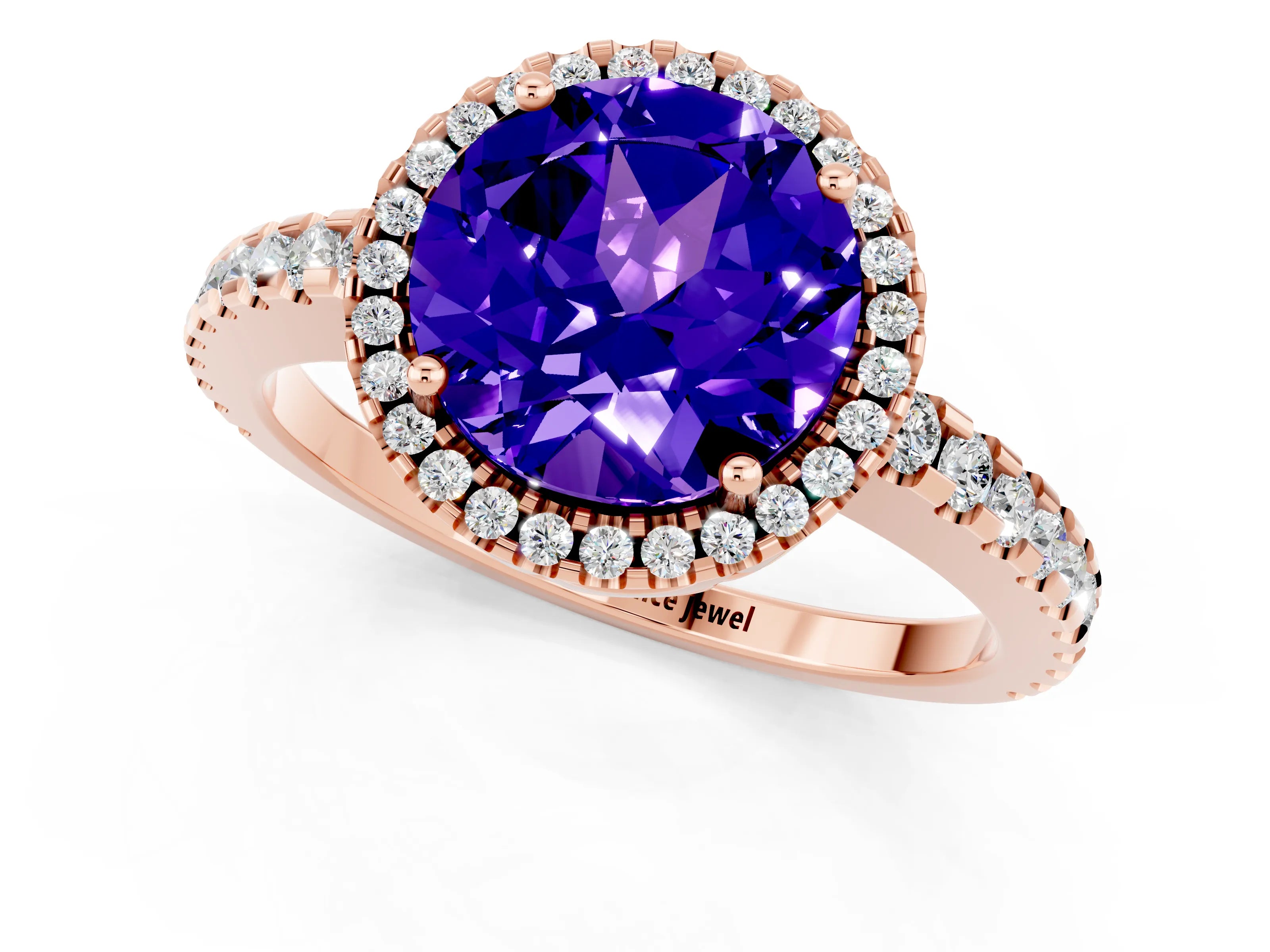 Rose gold Round Cut Tanzanite Halo Engagement Ring with Pavé Band and Prong Setting_13