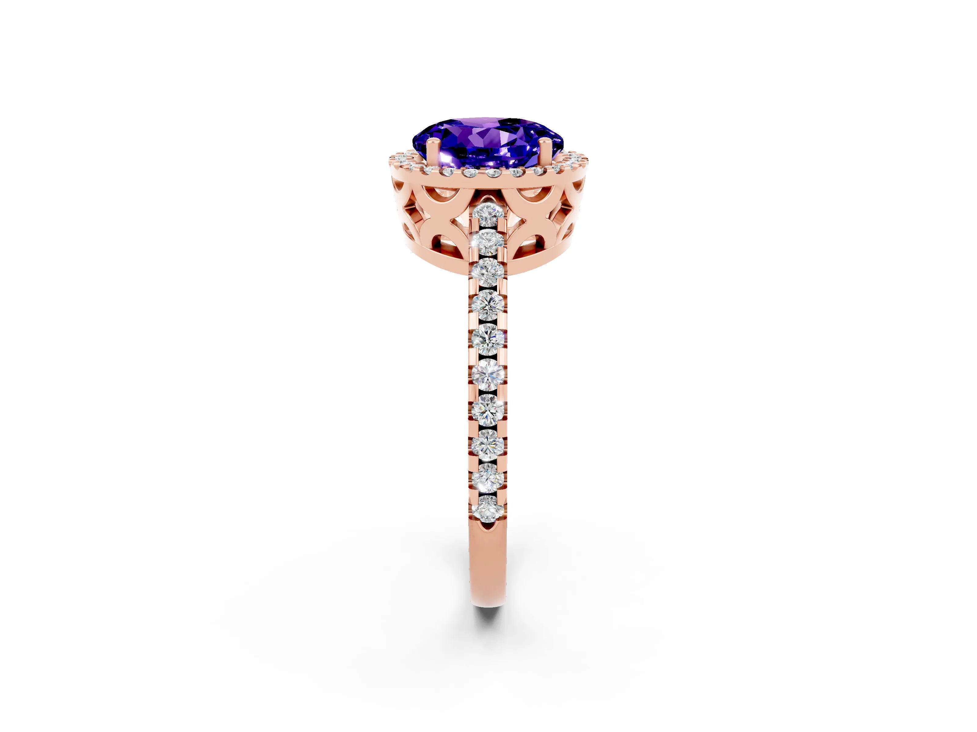Rose gold Round Cut Tanzanite Halo Engagement Ring with Pavé Band and Prong Setting_14