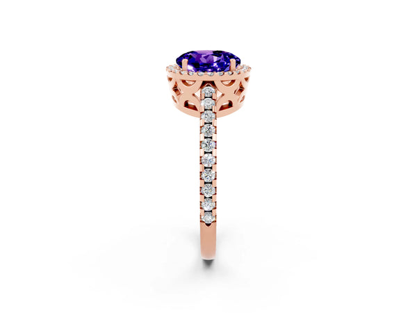 Rose gold Round Cut Tanzanite Halo Engagement Ring with Pavé Band and Prong Setting