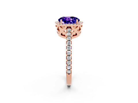 Rose gold Round Cut Tanzanite Halo Engagement Ring with Pavé Band and Prong Setting_14