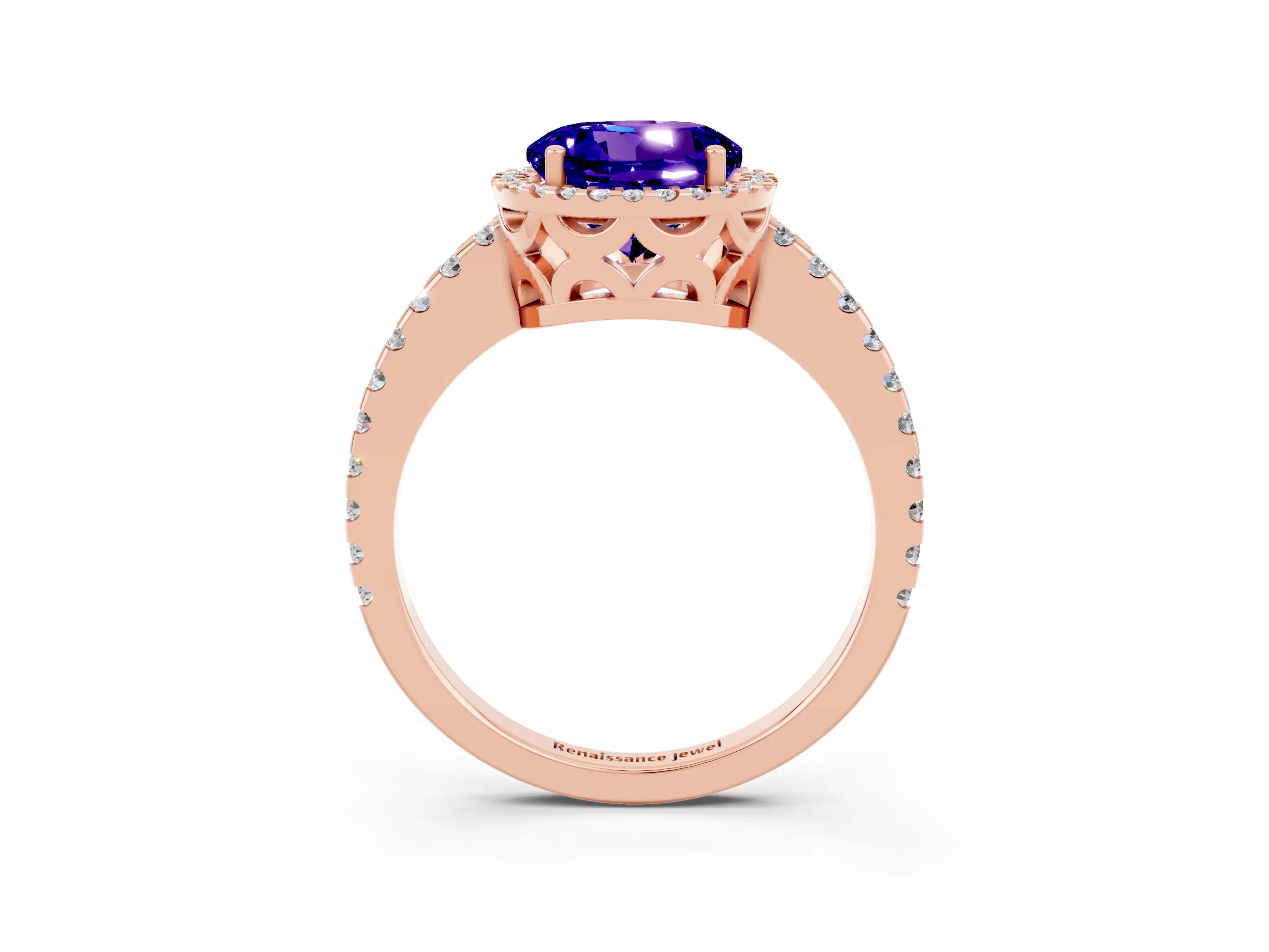 Rose gold Round Cut Tanzanite Halo Engagement Ring with Pavé Band and Prong Setting_15