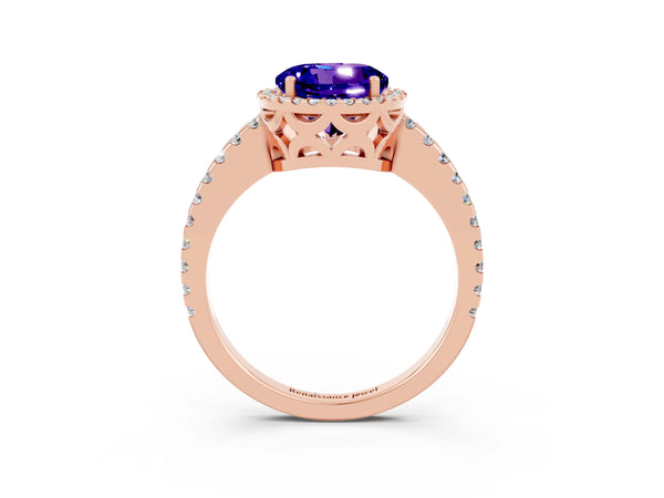 Rose gold Round Cut Tanzanite Halo Engagement Ring with Pavé Band and Prong Setting