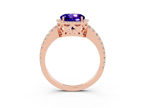 Rose gold Round Cut Tanzanite Halo Engagement Ring with Pavé Band and Prong Setting_15