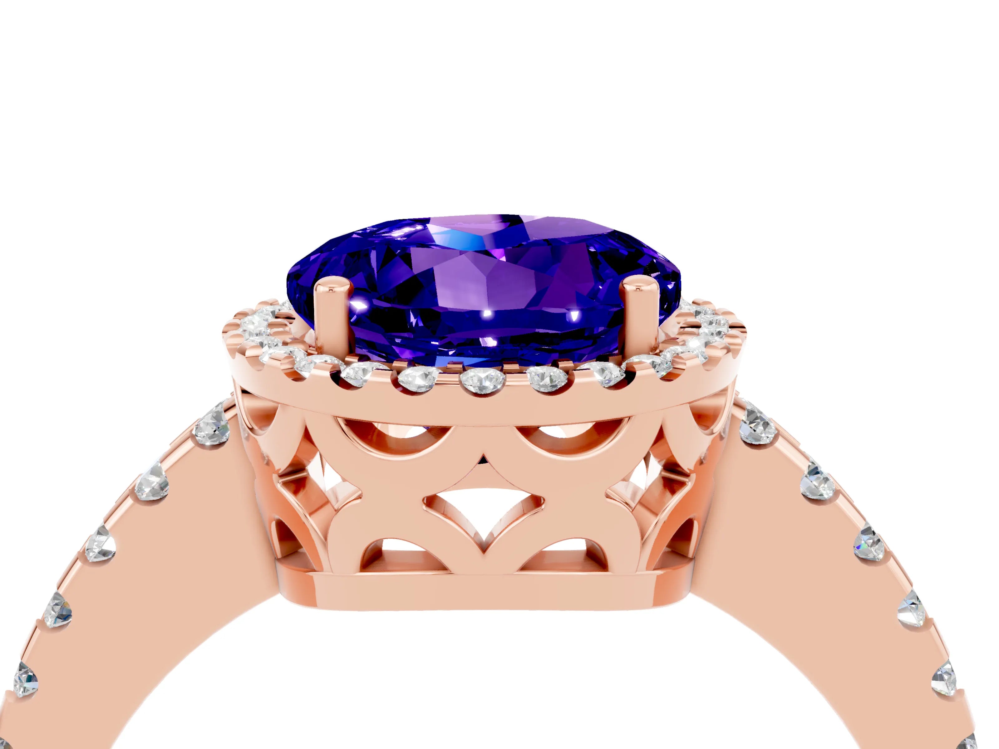 Rose gold Round Cut Tanzanite Halo Engagement Ring with Pavé Band and Prong Setting_16