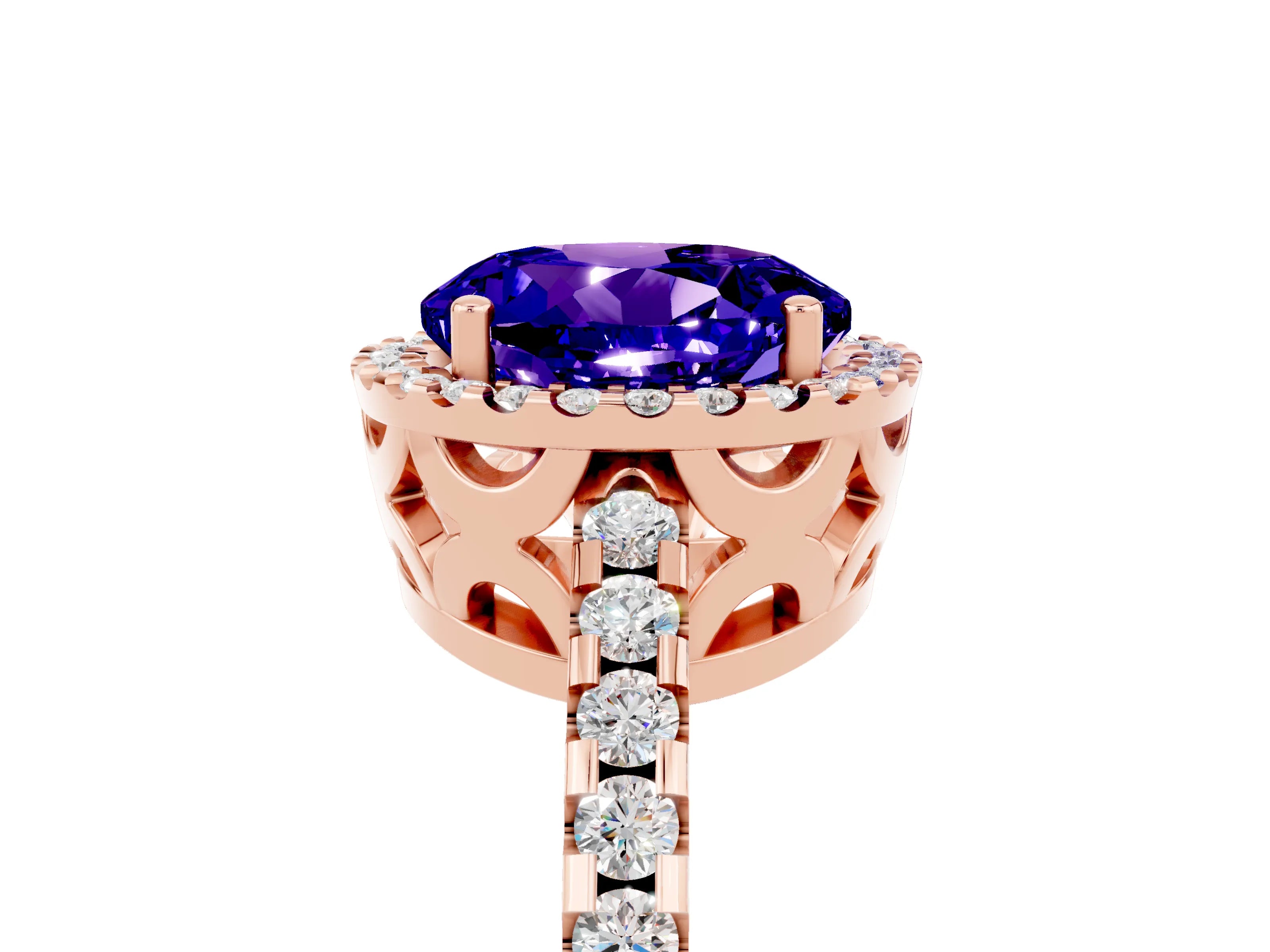 Rose gold Round Cut Tanzanite Halo Engagement Ring with Pavé Band and Prong Setting_17