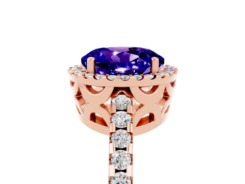Rose gold Round Cut Tanzanite Halo Engagement Ring with Pavé Band and Prong Setting_17