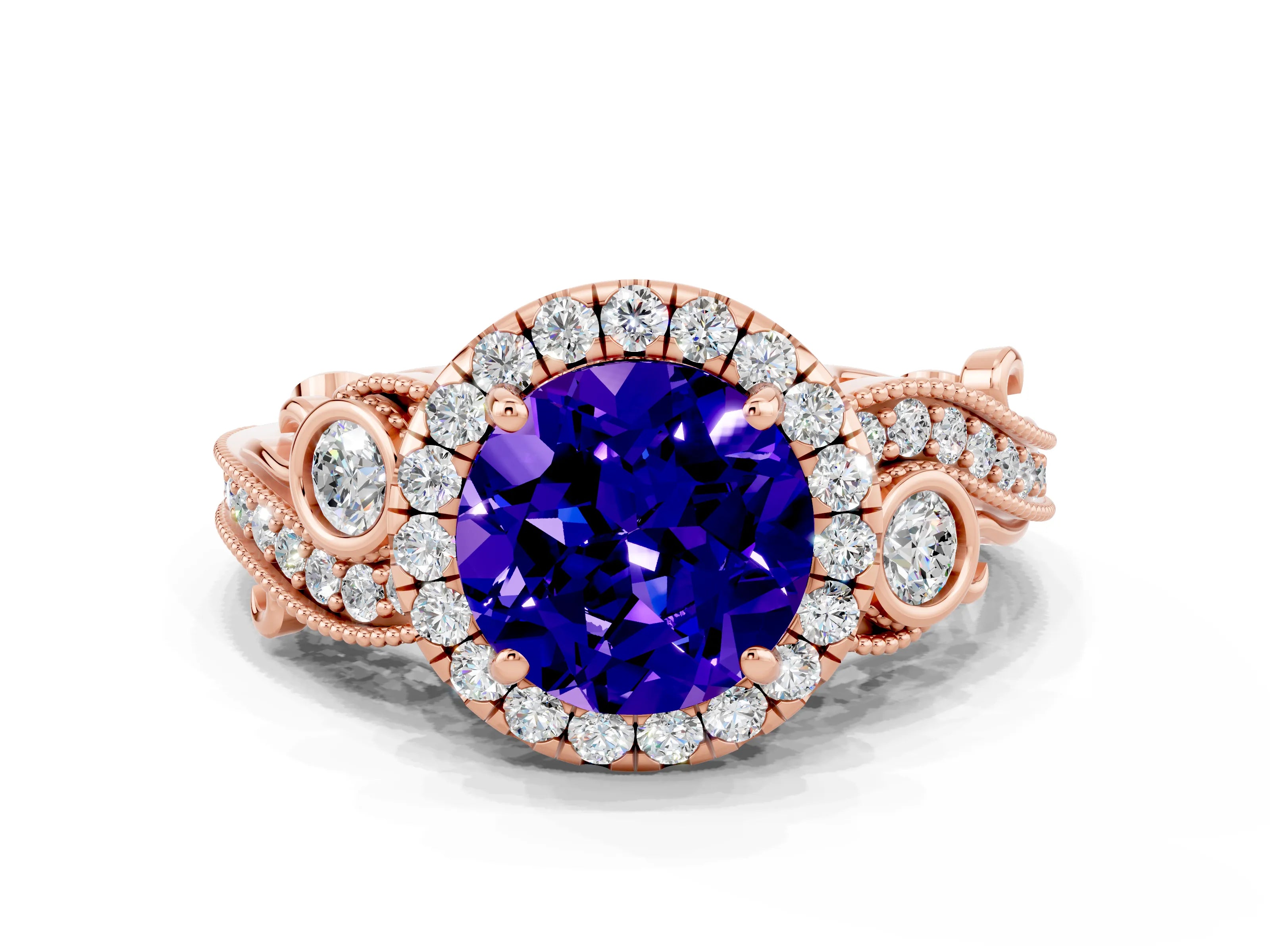 Rose gold Round Cut Tanzanite Halo Ring with Milgrain Pavé Band and Four-Prong Setting_12