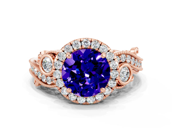 Rose gold Round Cut Tanzanite Halo Ring with Milgrain Pavé Band and Four-Prong Setting