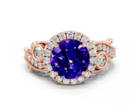 Rose gold Round Cut Tanzanite Halo Ring with Milgrain Pavé Band and Four-Prong Setting_12