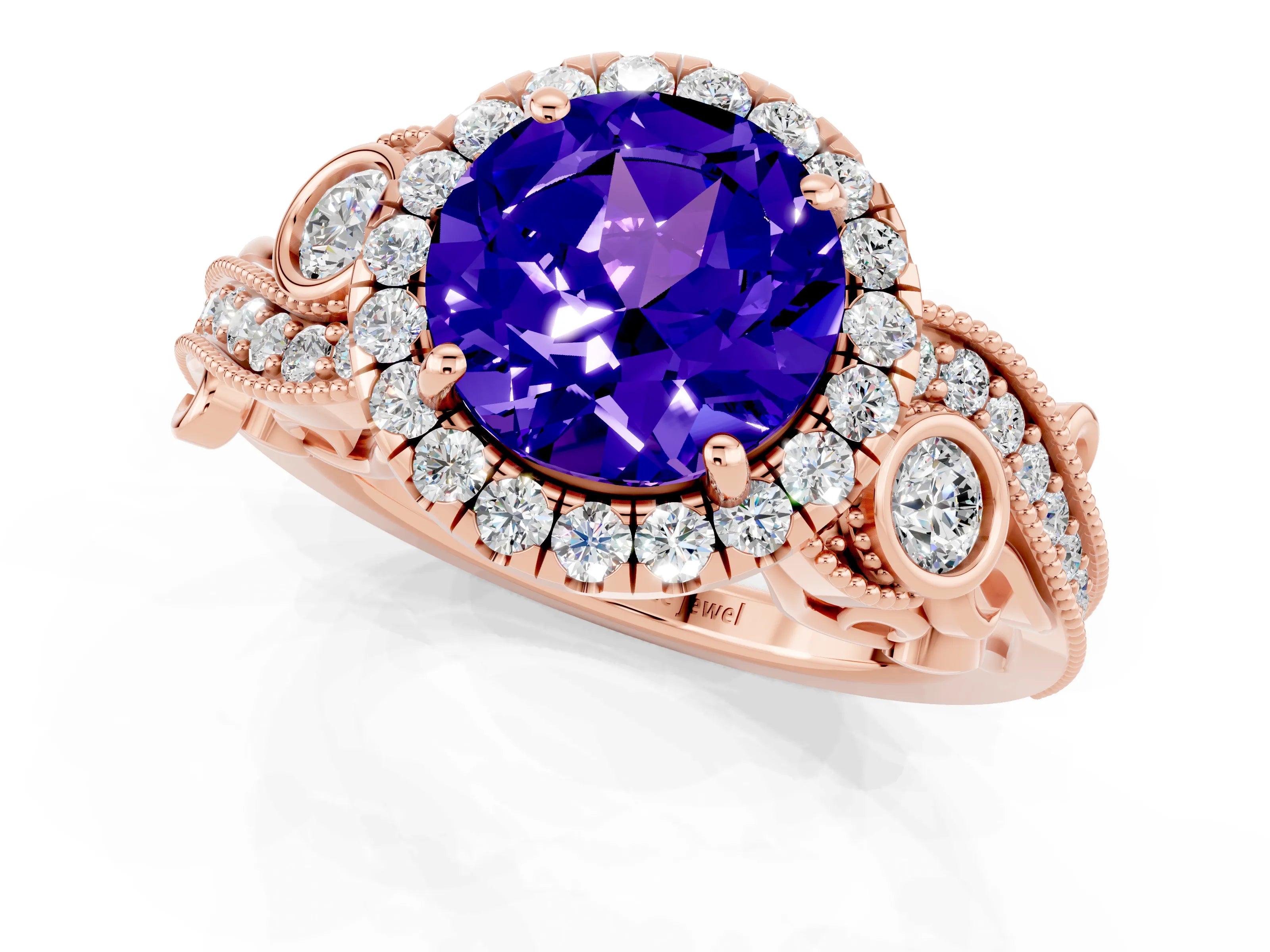 Rose gold Round Cut Tanzanite Halo Ring with Milgrain Pavé Band and Four-Prong Setting_13