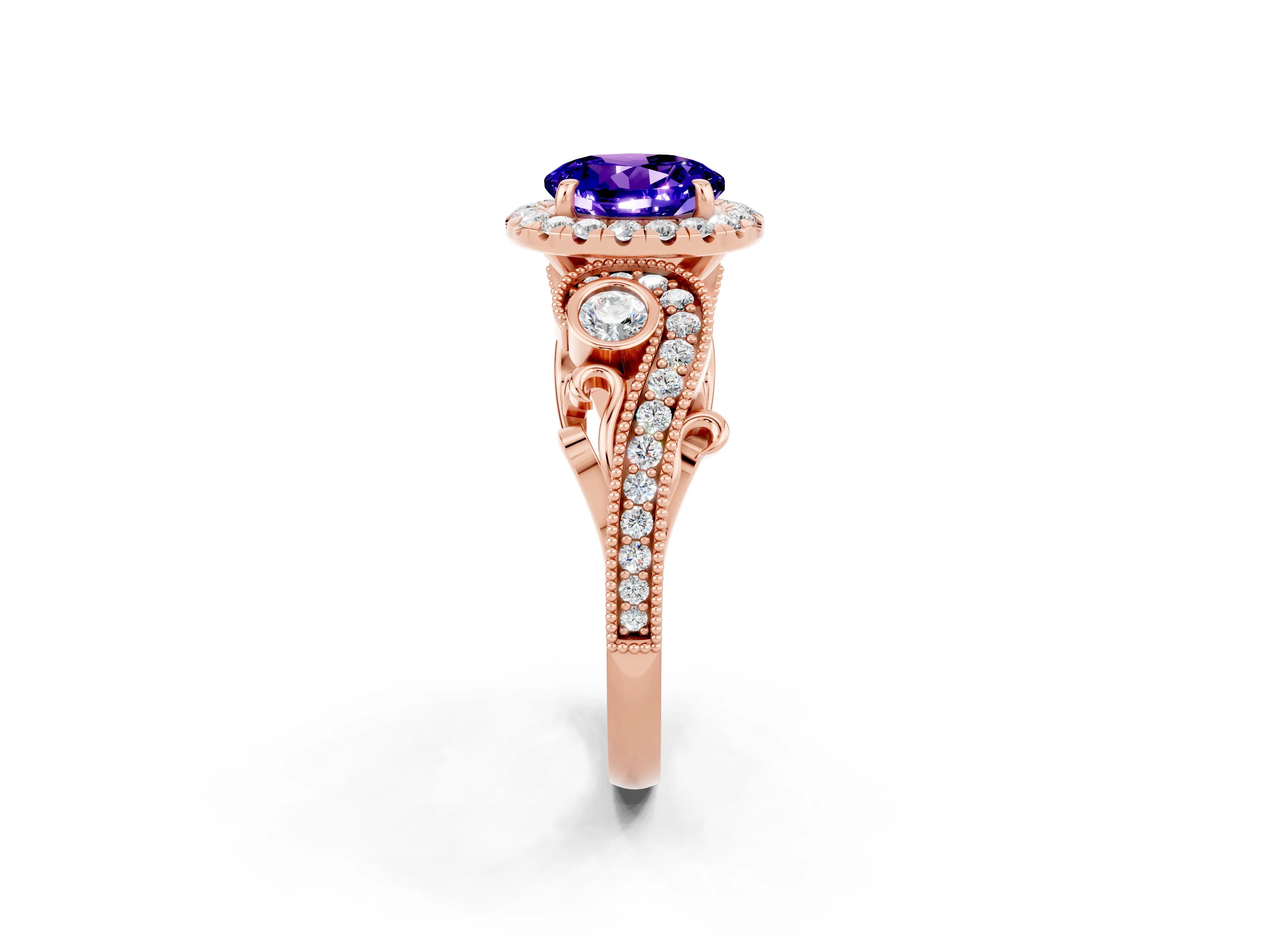 Rose gold Round Cut Tanzanite Halo Ring with Milgrain Pavé Band and Four-Prong Setting_14