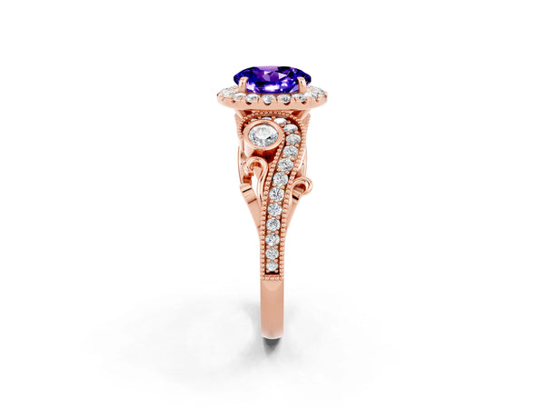 Rose gold Round Cut Tanzanite Halo Ring with Milgrain Pavé Band and Four-Prong Setting